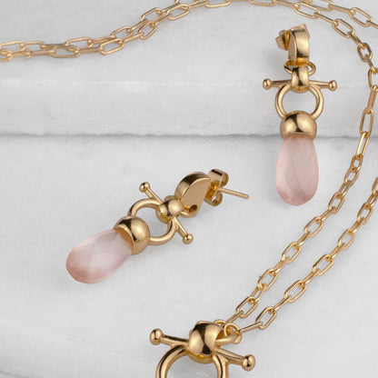 Urban Equestrian  Droplette - Rose Quartz Horse Bit Equestrian Earring in Gold