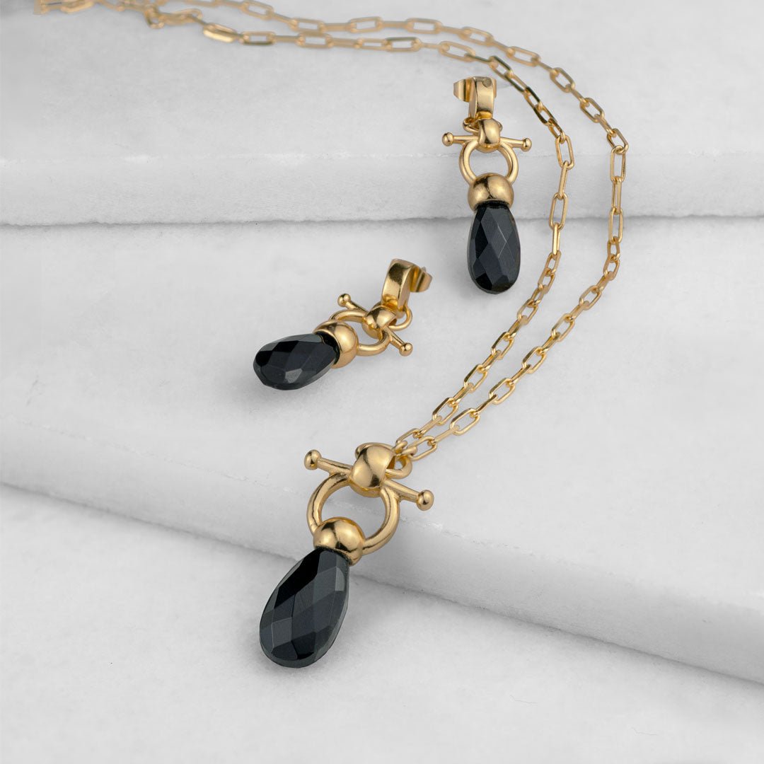 Urban Equestrian  Droplette - Black Onyx Equestrian Horse Bit Necklace in Gold