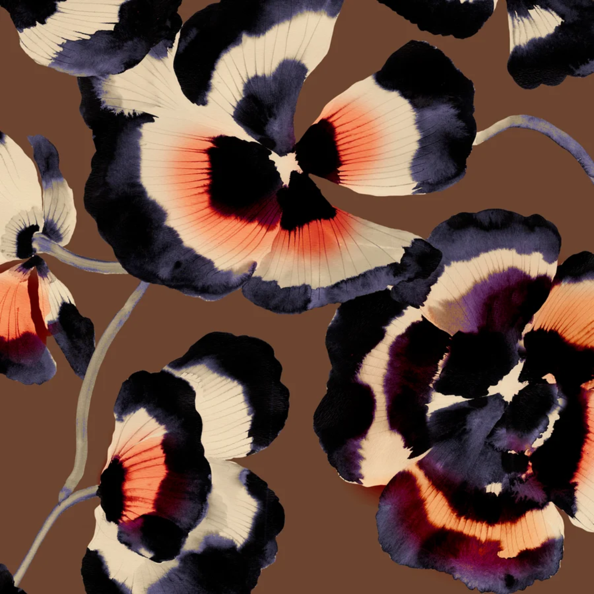 Kastel Women's Rugby Shirt-Chocolate Brown Pansie-Close-up Pattern View