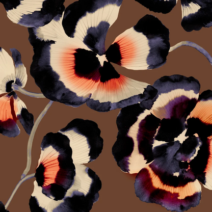 Kastel Women's Rugby Shirt-Chocolate Brown Pansie-Close-up Pattern View