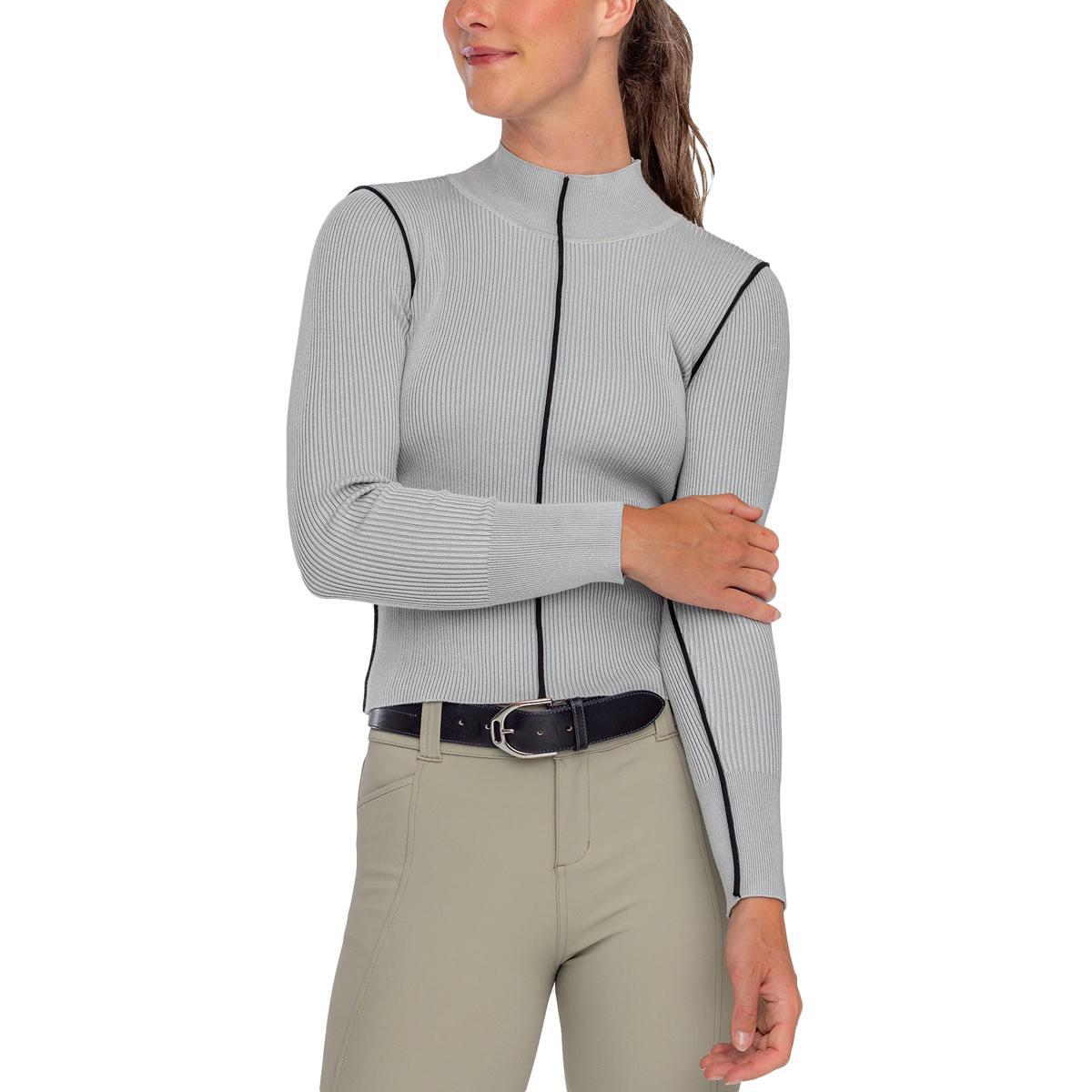 Kastel Dove Gray Ribbed Mock Neck Sweater with Black Piping