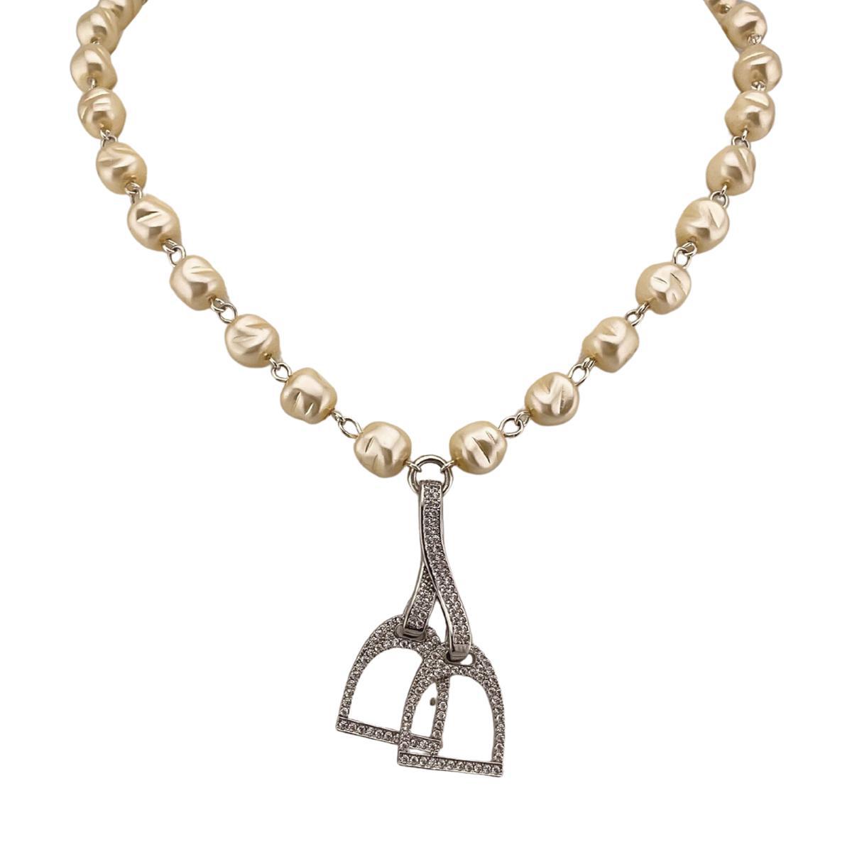 Erin Knight Designs Vintage Faux Pearl Necklace with Rhinestone Horse Stirrups