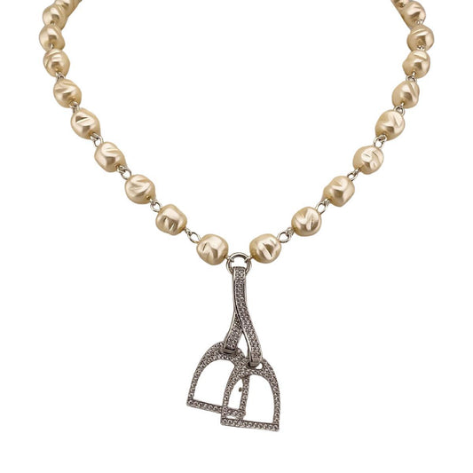 Erin Knight Designs Vintage Faux Pearl Necklace with Rhinestone Horse Stirrups