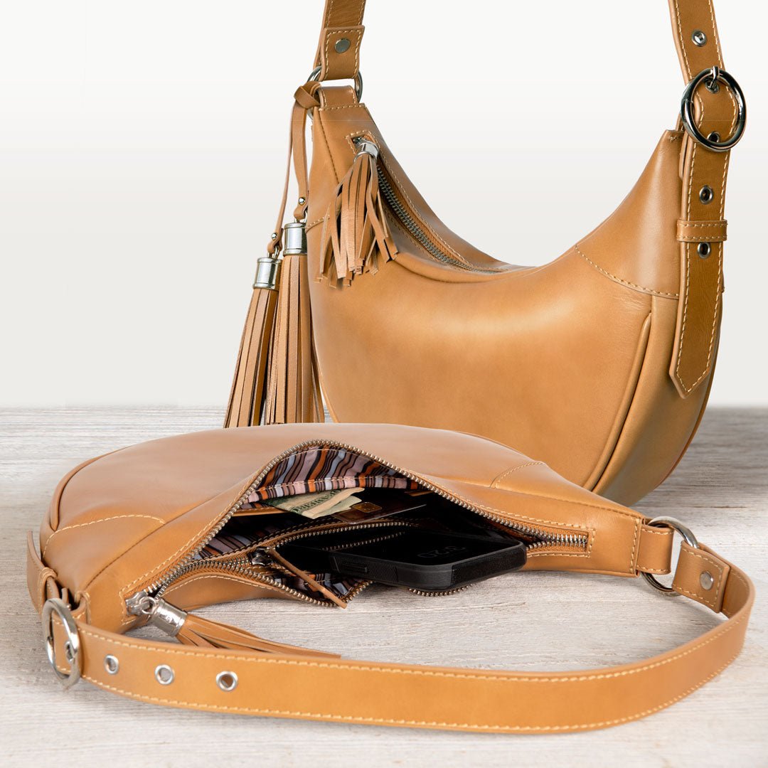 Urban Equestrian  Elle -Half-Moon Vanity Luxury Leather Handbag in Caramel
