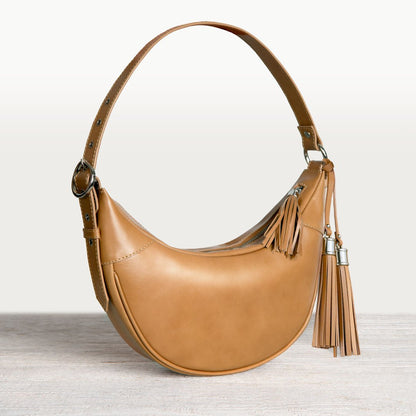 Urban Equestrian  Elle -Half-Moon Vanity Luxury Leather Handbag in Caramel