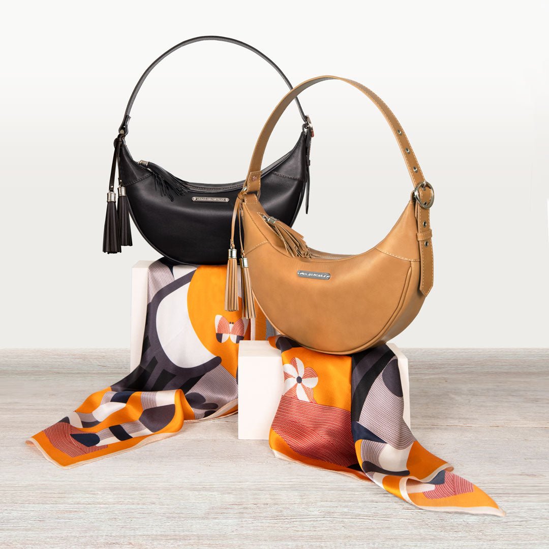 Urban Equestrian  Elle -Half-Moon Vanity Luxury Leather Handbag in Caramel