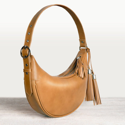 Urban Equestrian  Elle -Half-Moon Vanity Luxury Leather Handbag in Caramel