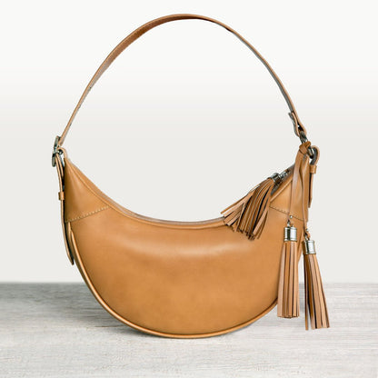 Urban Equestrian  Elle -Half-Moon Vanity Luxury Leather Handbag in Caramel