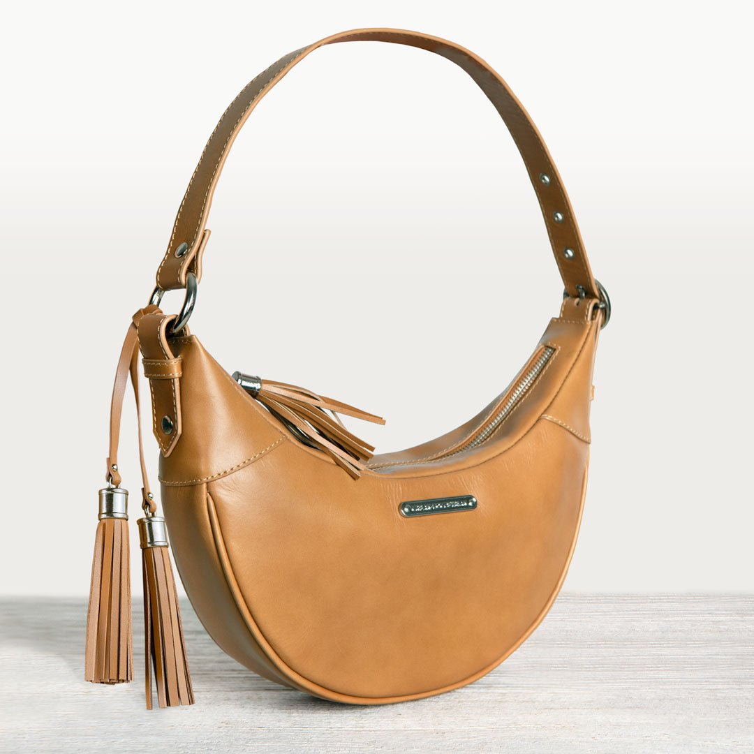 Urban Equestrian  Elle -Half-Moon Vanity Luxury Leather Handbag in Caramel
