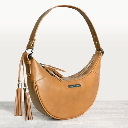 Urban Equestrian  Elle -Half-Moon Vanity Luxury Leather Handbag in Caramel