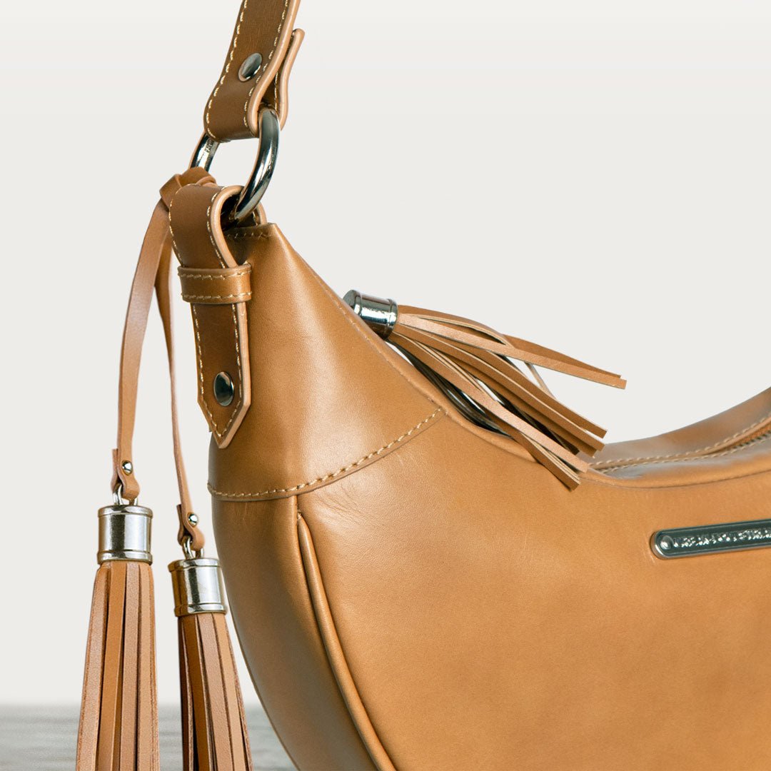 Urban Equestrian  Elle -Half-Moon Vanity Luxury Leather Handbag in Caramel