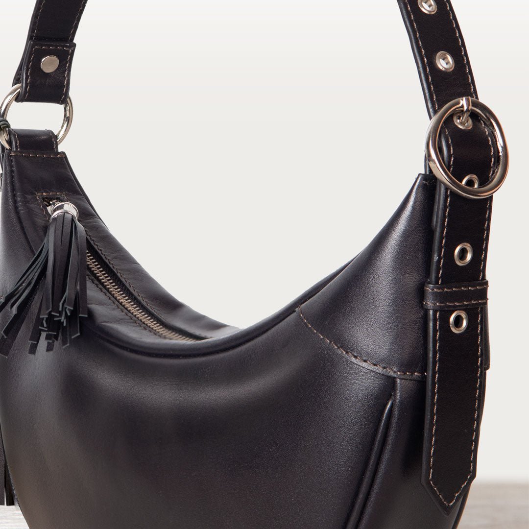 Urban Equestrian  Elle -Half-Moon Vanity Luxury Leather Handbag in Black