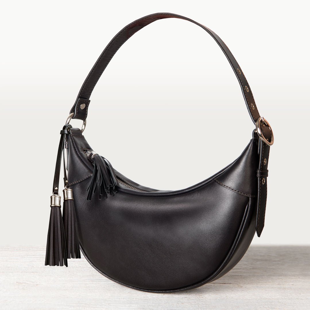 Urban Equestrian  Elle -Half-Moon Vanity Luxury Leather Handbag in Black