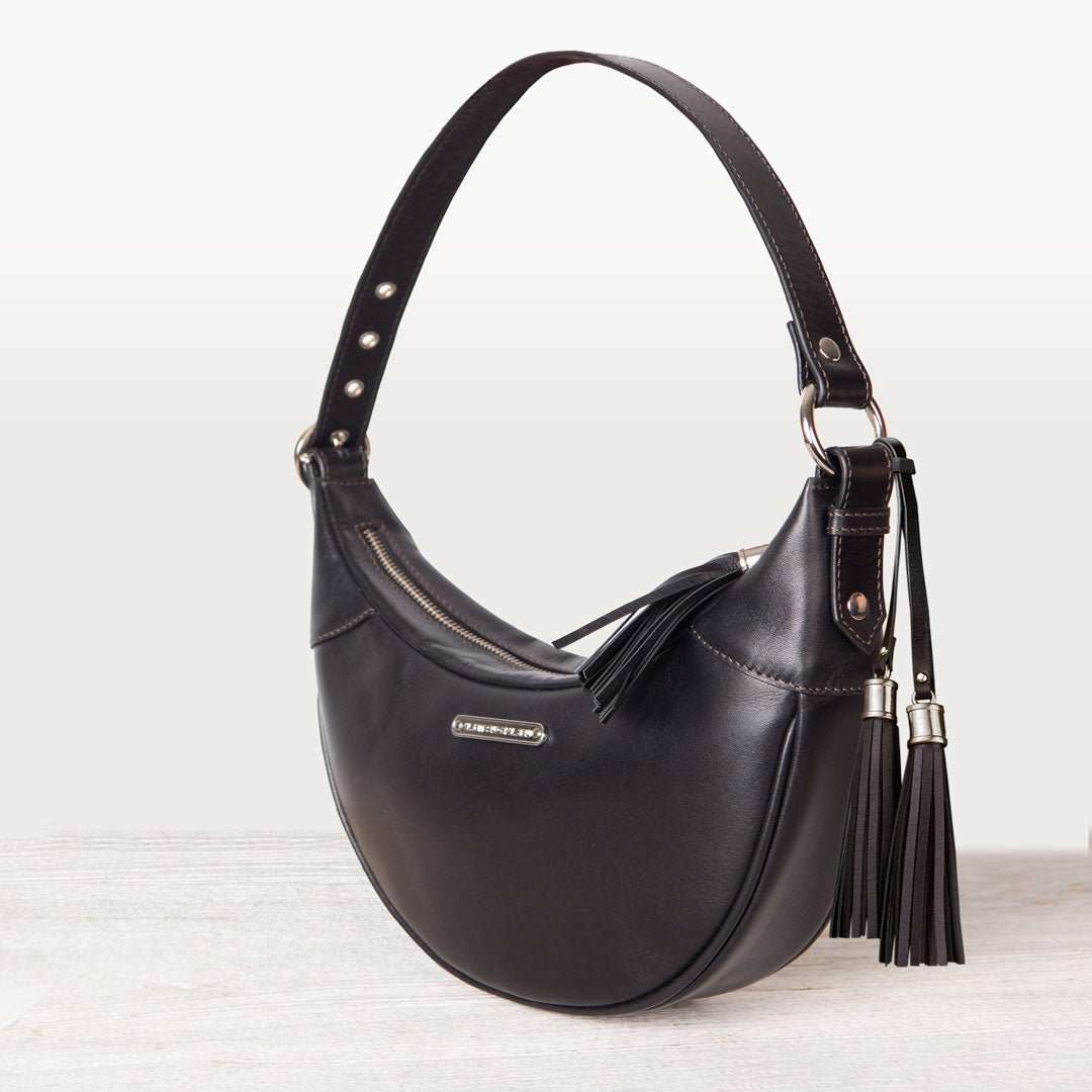 Urban Equestrian  Elle -Half-Moon Vanity Luxury Leather Handbag in Black