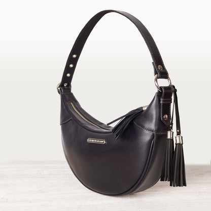 Urban Equestrian  Elle -Half-Moon Vanity Luxury Leather Handbag in Black