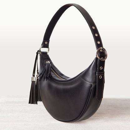 Urban Equestrian  Elle -Half-Moon Vanity Luxury Leather Handbag in Black