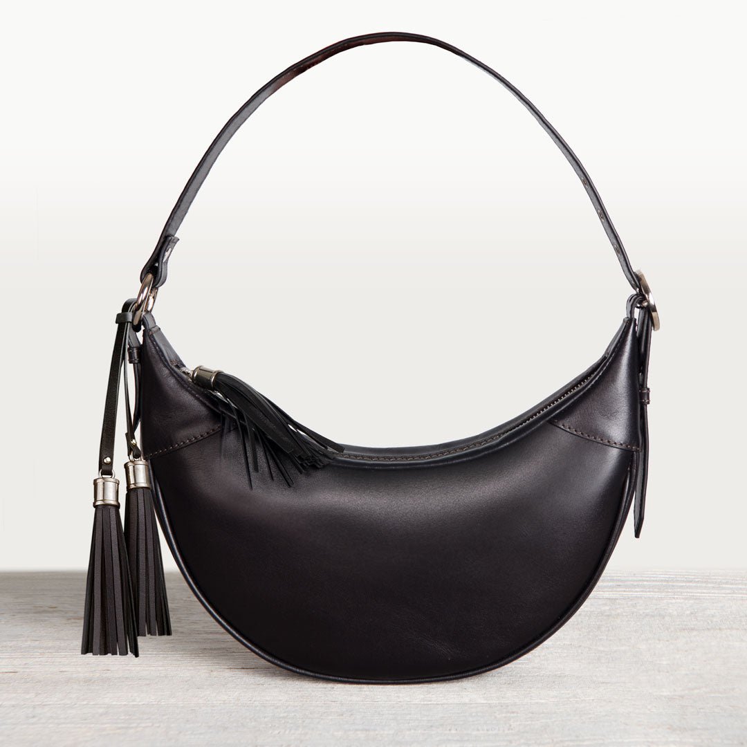 Urban Equestrian  Elle -Half-Moon Vanity Luxury Leather Handbag in Black