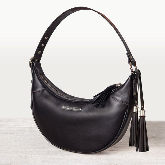 Urban Equestrian  Elle -Half-Moon Vanity Luxury Leather Handbag in Black