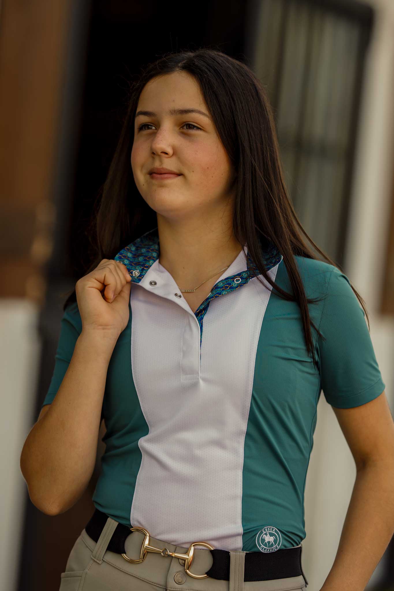 Essex Classics  Ladies "Luna II" Forest Green with Golden Snaffle Short Sleeve Performance Show Shirt