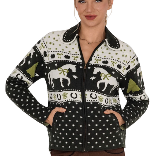 Dapplebay Womens Gift Horse Sweater Model forward facing green