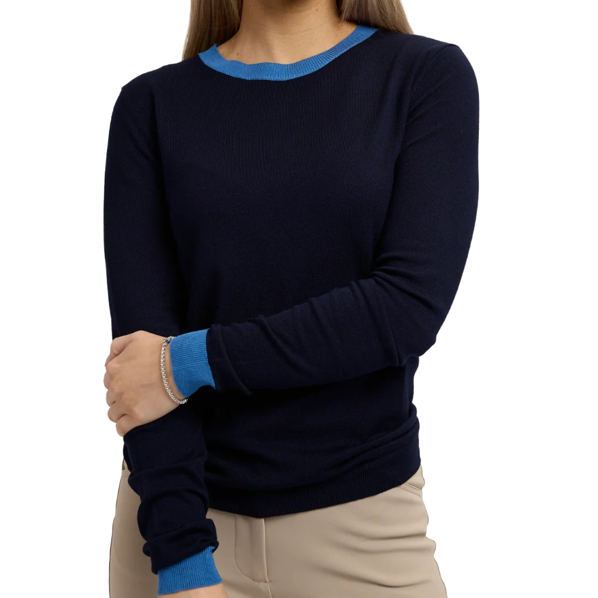 TKEQ Women's Essential Contrast Crewneck Sweater