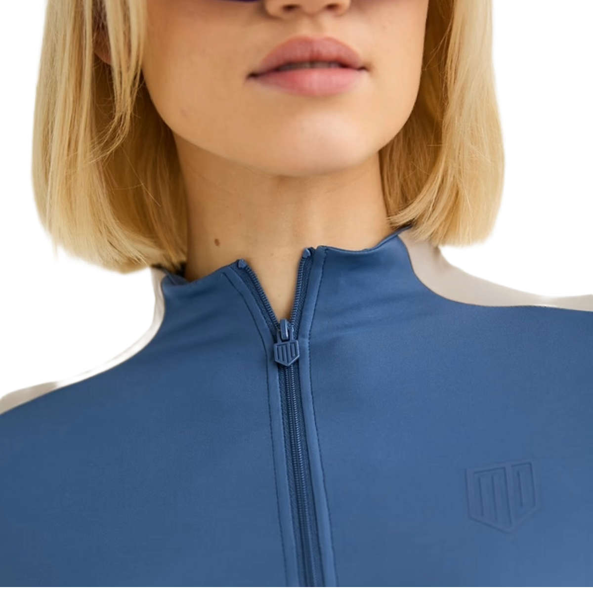 Maya Delorez Women's Long Sleeve Zipper-Blue/Beige-Front Zipper View