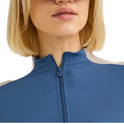 Maya Delorez Women's Long Sleeve Zipper-Blue/Beige-Front Zipper View