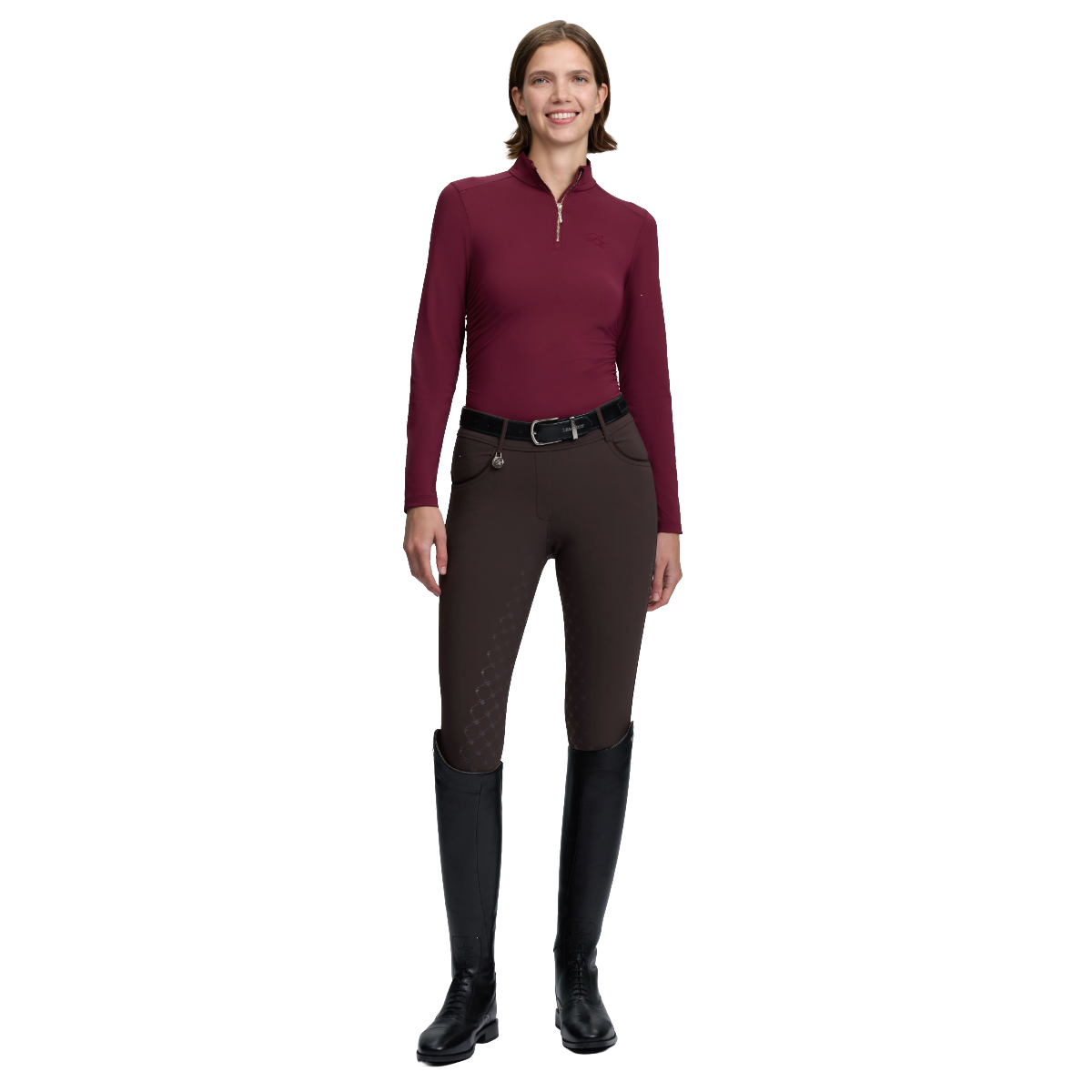 LeMieux Women's Lustre Ruched Long Sleeve Base Layer  Model view in garnet