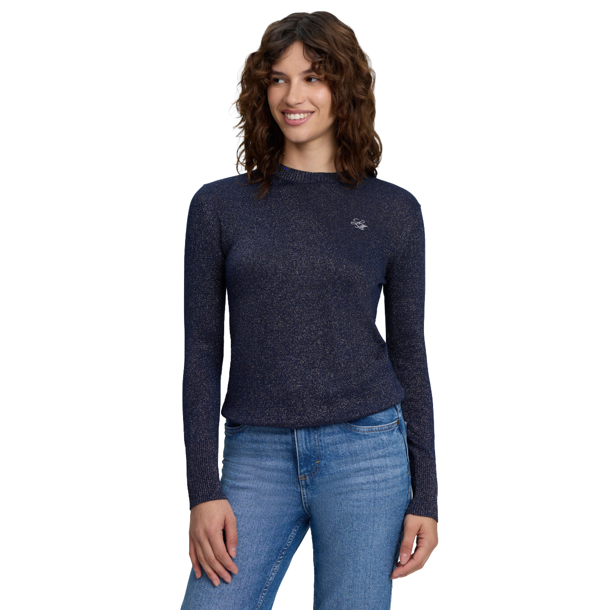 LeMieux Women's Lustre Sparkle Crew Knit Jumper model view in sapphire 