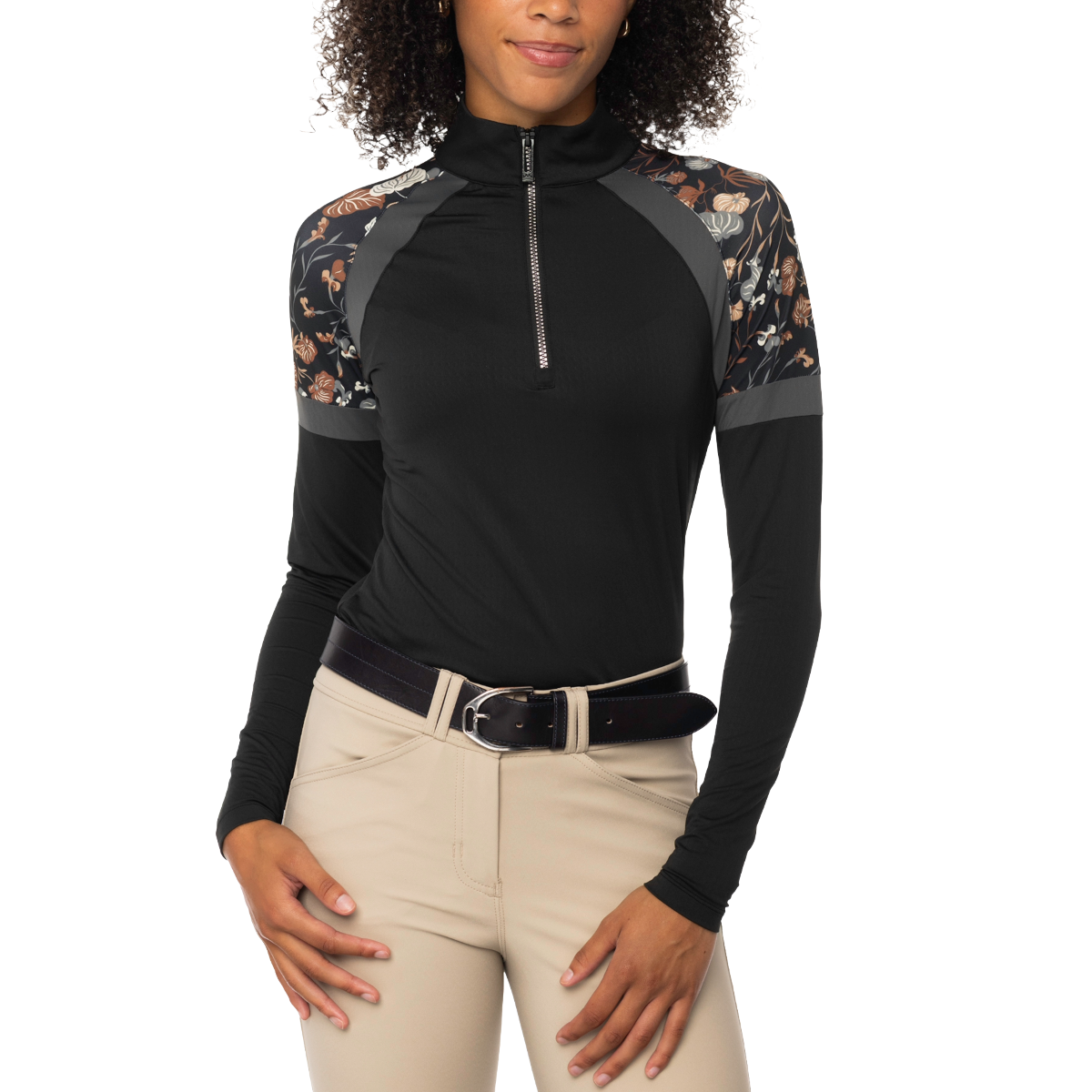 Kastel-Women's 1/4 Zip Long Sleeve Paneled Raglan w/ Crystal Zipper-Neutral Modern Begonia-Front View
