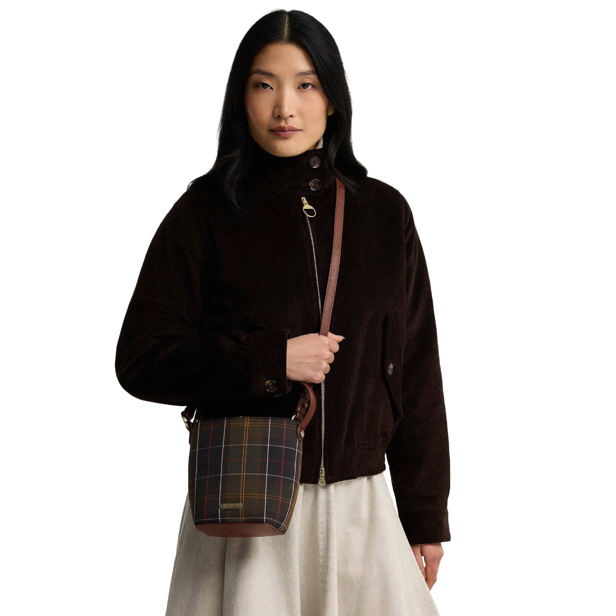 Barbour Cedar Mini Tartan Bucket Bag, Classic Tartan, model view