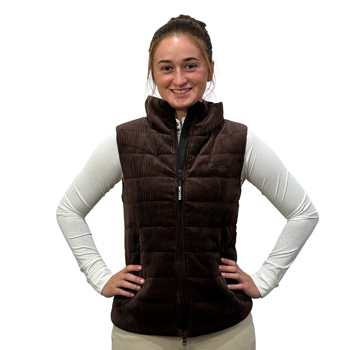 Equiline EQSIT Women's Lightweight Padded Vest-Cocoa Powder-Front Zipped View