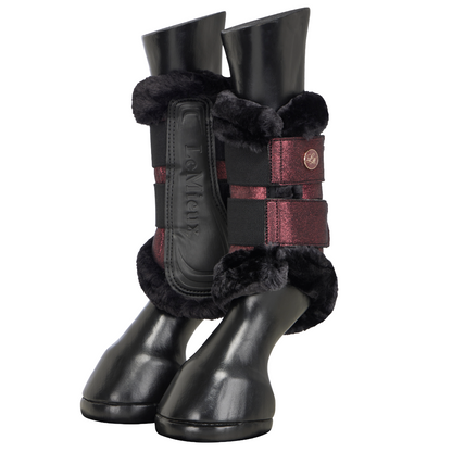 LeMieux Lustre Fleece Edged Brushing Boots model view in  Garnet 