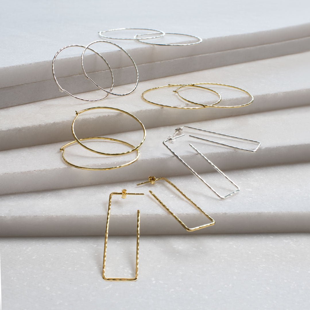 Urban Equestrian  Hammered Hoops - Rectangular Shape Earrings in 14K Gold Vermeil