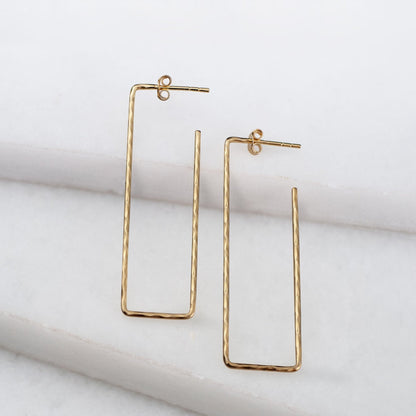 Urban Equestrian  Hammered Hoops - Rectangular Shape Earrings in 14K Gold Vermeil