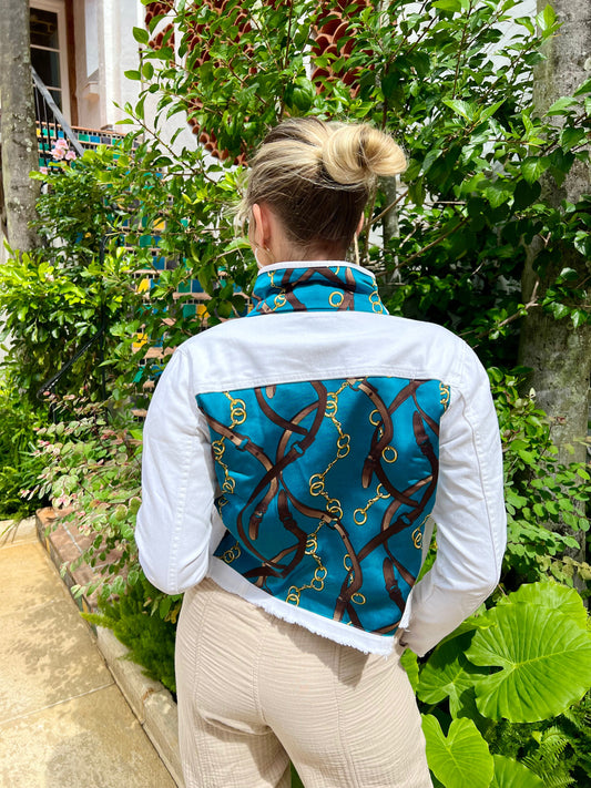 Stacy Bradley Design, The White Denim Jacket - Gold Bits and Straps - Teal