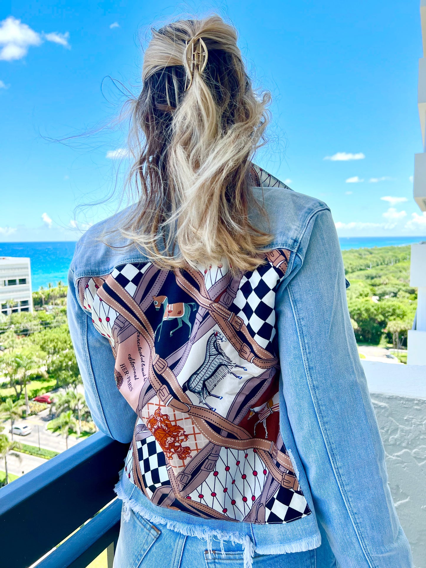 Stacy Bradley Design,  Light Denim Jacket - Designer Horse with Straps