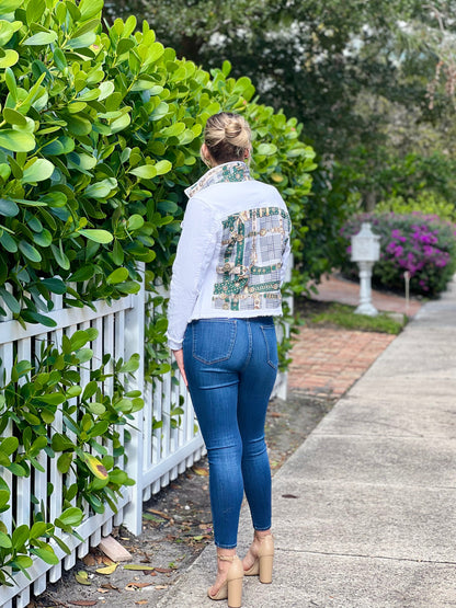 Stacy Bradley Design, The White Denim Jacket - Hounds Tooth - Green Strap