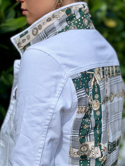 Stacy Bradley Design, The White Denim Jacket - Hounds Tooth - Green Strap