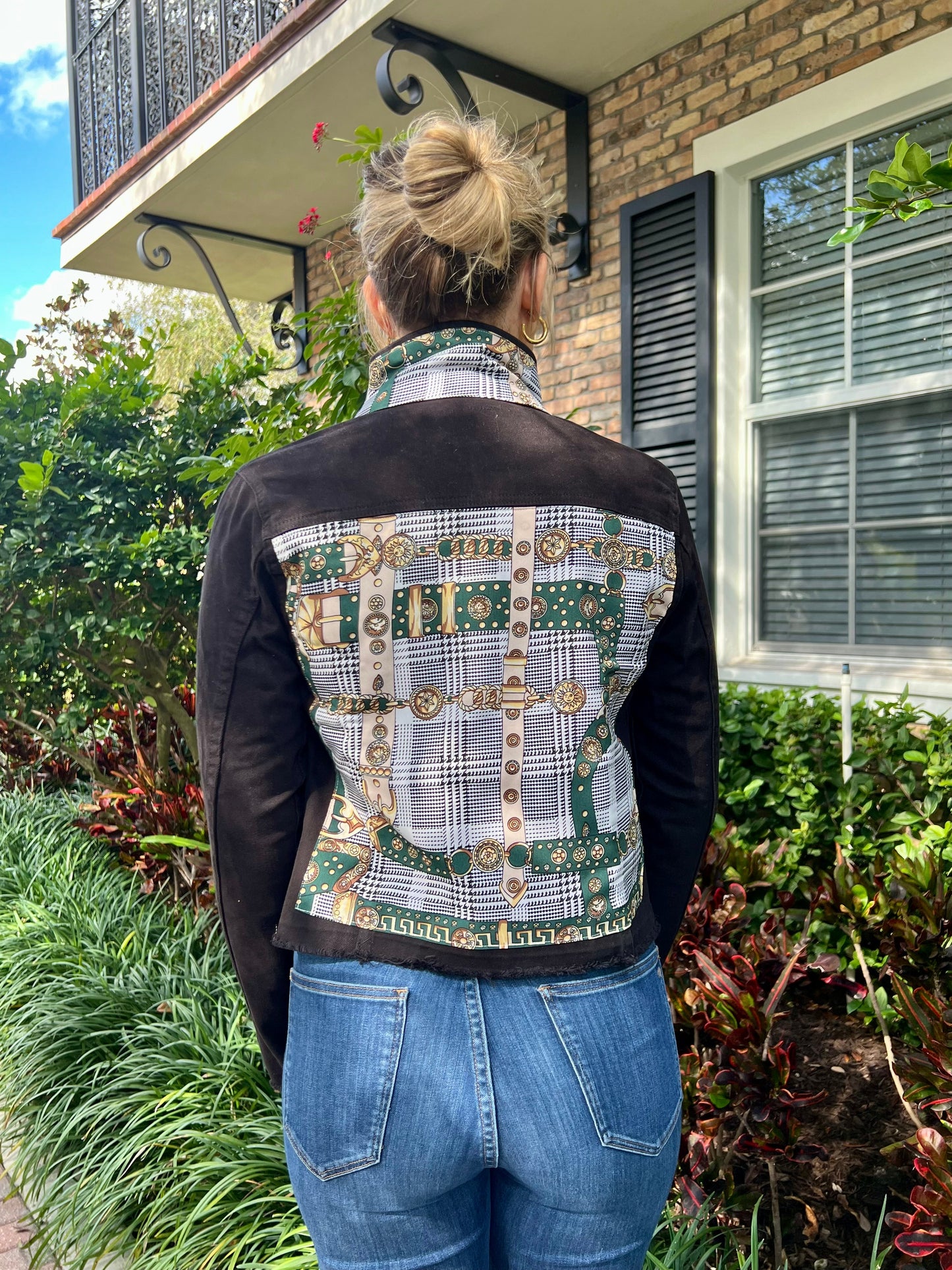 Stacy Bradley Design, The Black Denim Jacket - Hounds Tooth , Green Strap