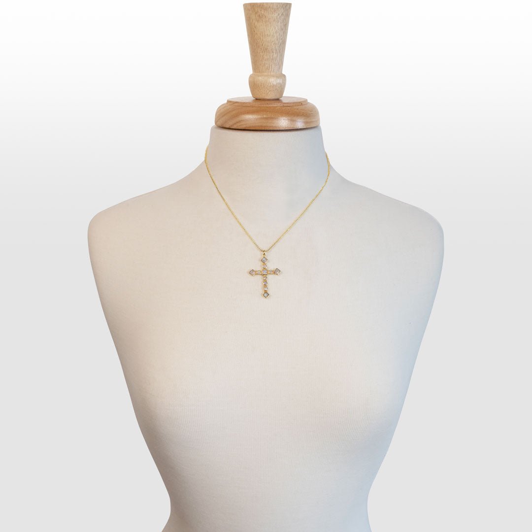 Urban Equestrian  Keepsake - Moonstone Cross Necklace in Gold