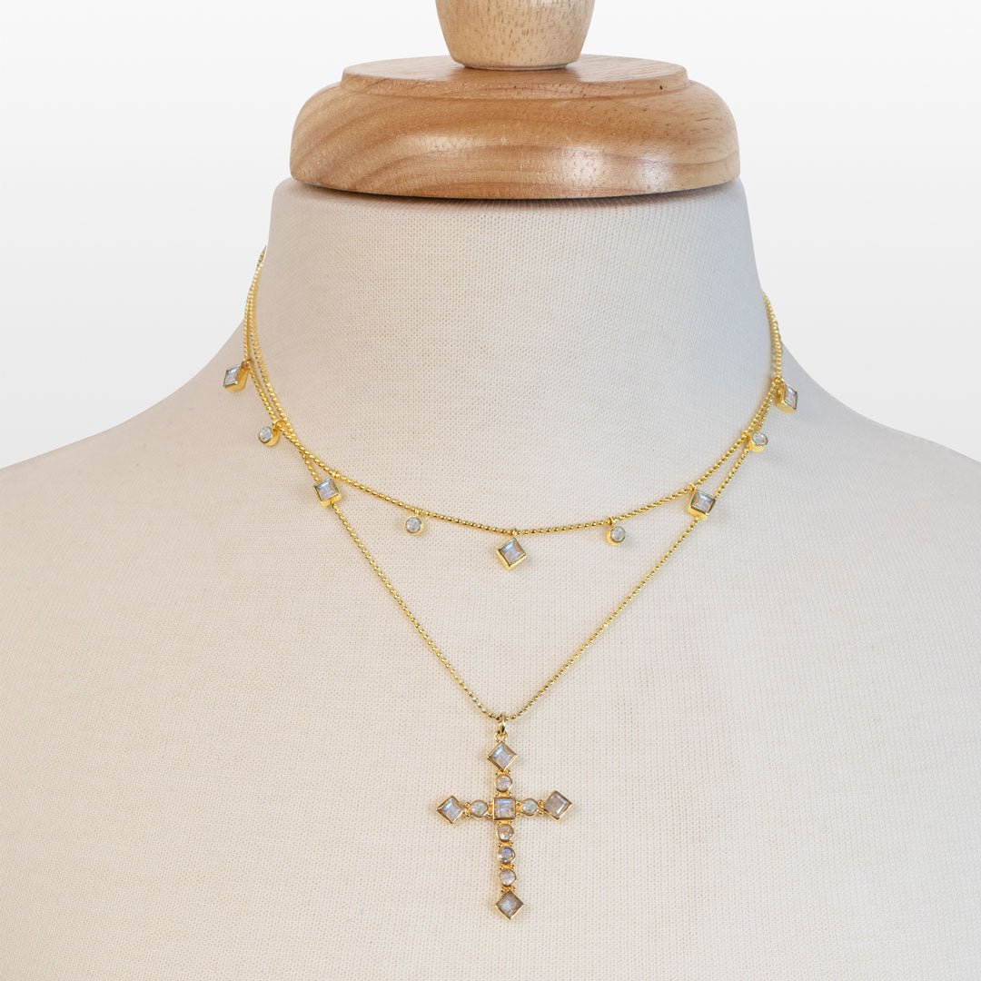 Urban Equestrian  Keepsake - Moonstone Cross Necklace in Gold