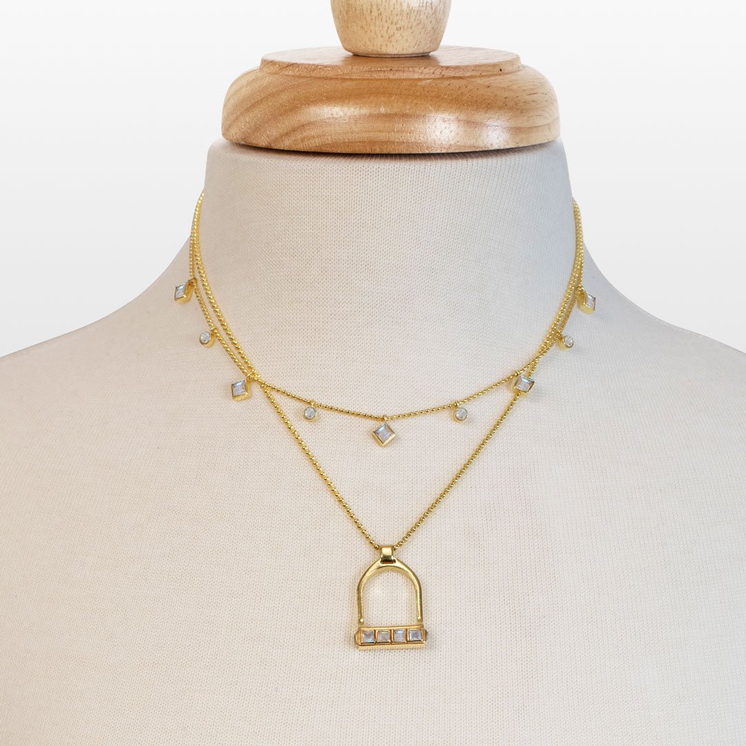 Urban Equestrian  Keepsake - Moonstone Equestrian Riding Stirrup Necklace in Gold