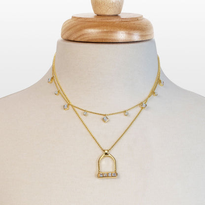Urban Equestrian  Keepsake - Moonstone Equestrian Riding Stirrup Necklace in Gold