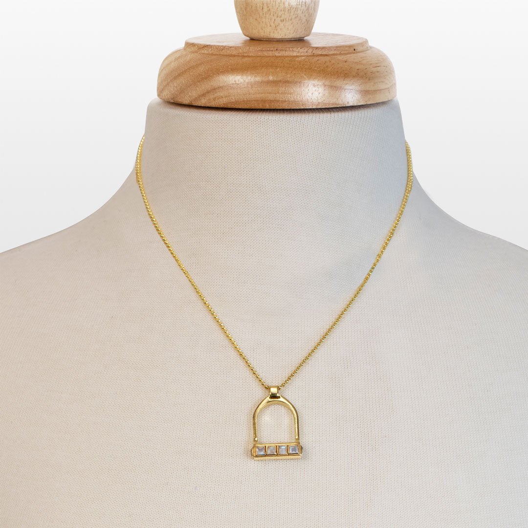 Urban Equestrian  Keepsake - Moonstone Equestrian Riding Stirrup Necklace in Gold