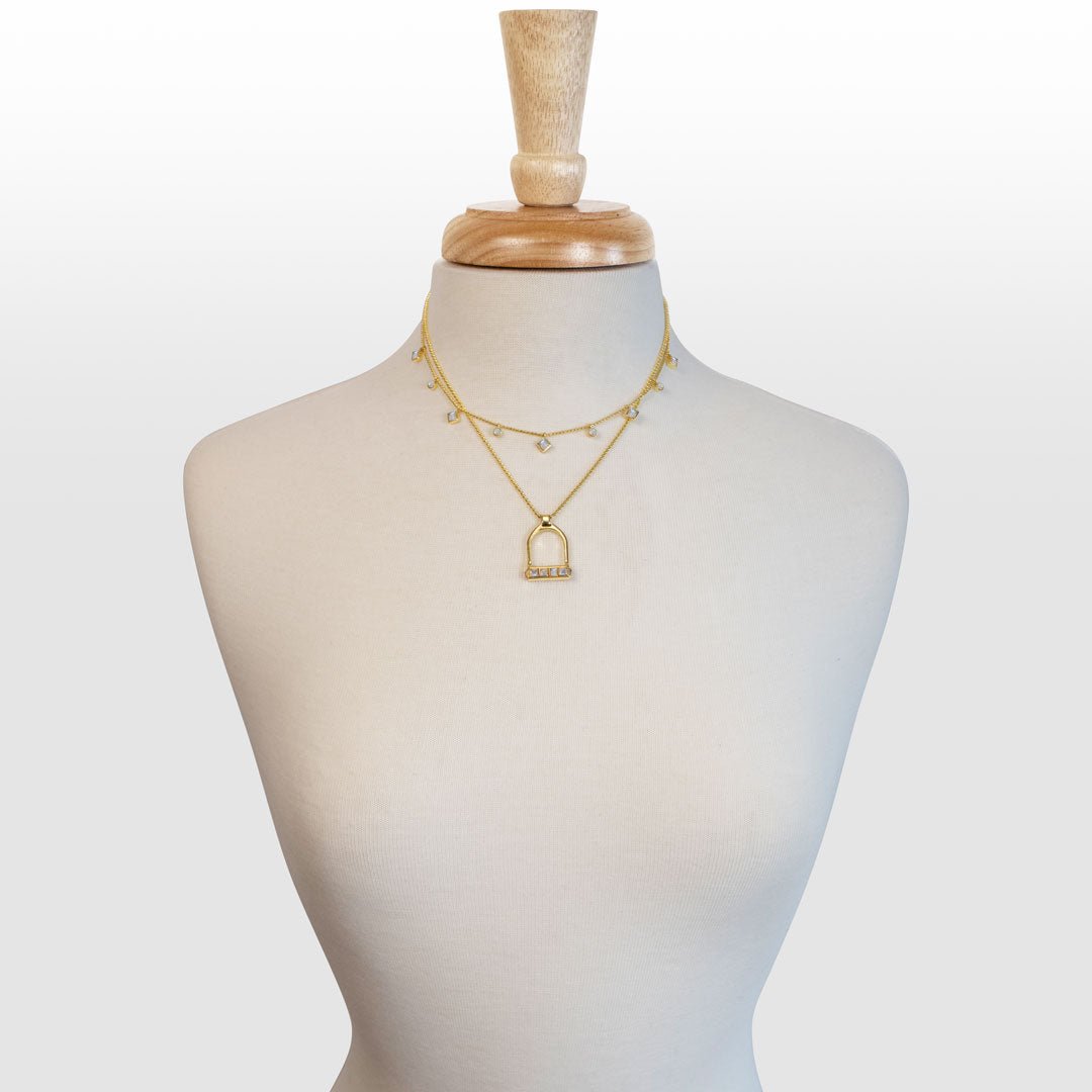 Urban Equestrian  Keepsake - Moonstone Equestrian Riding Stirrup Necklace in Gold