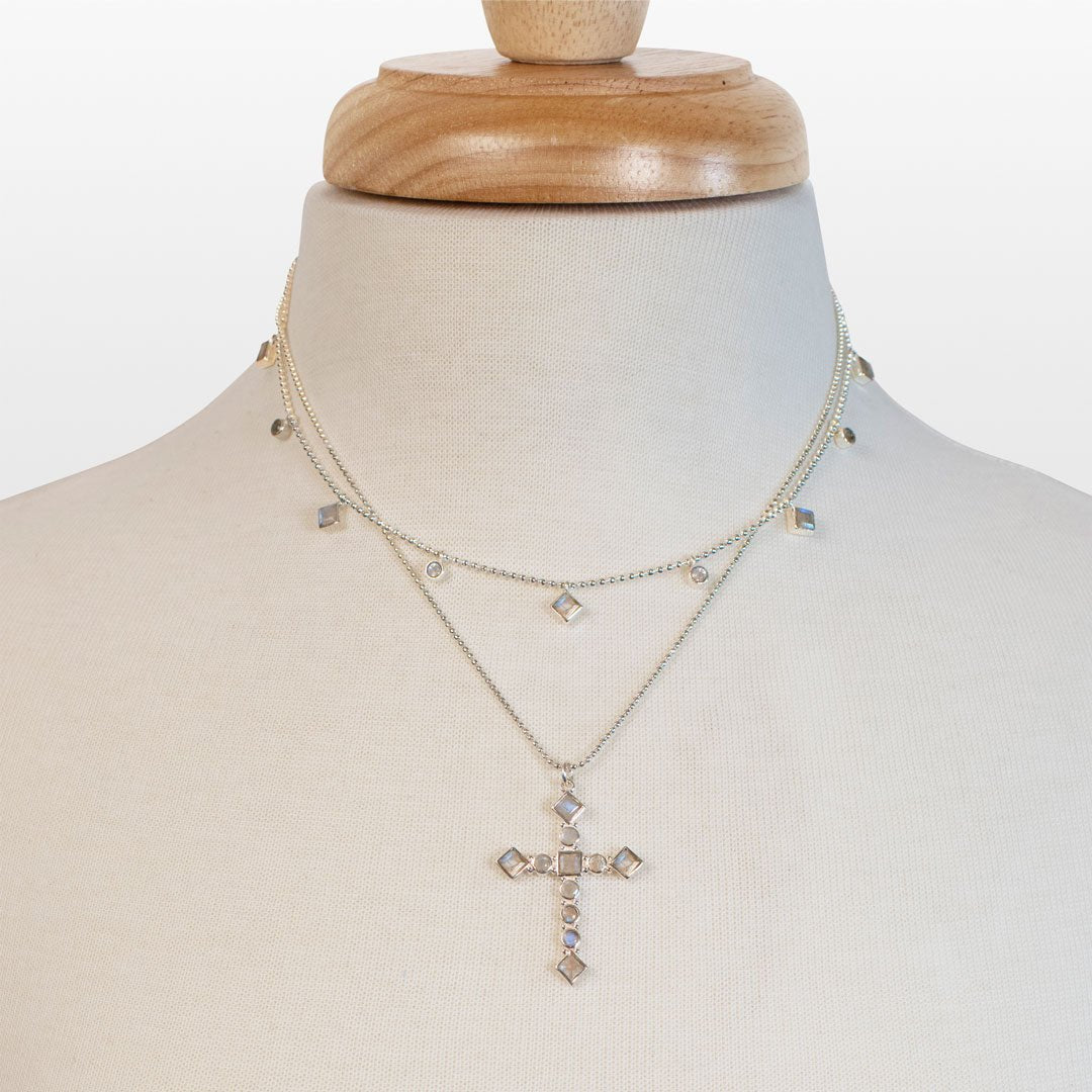 Urban Equestrian  Keepsake - Moonstone Cross Necklace in Silver