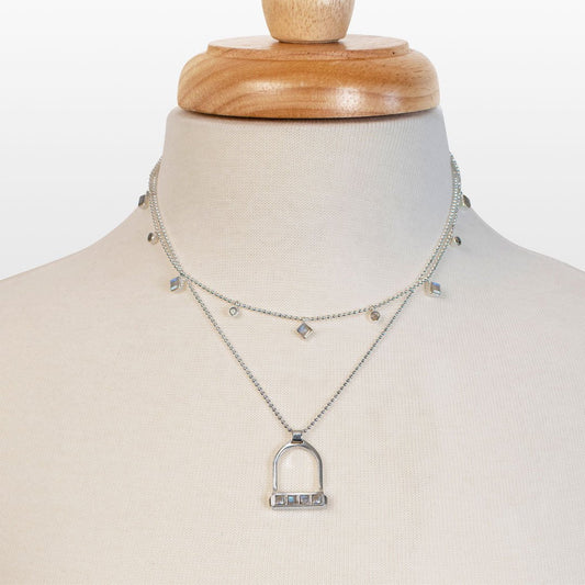 Urban Equestrian  Keepsake - Moonstone Equestrian Riding Stirrup Necklace in Silver
