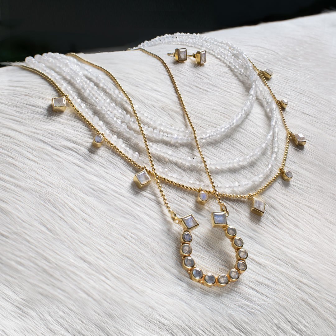 Urban Equestrian  Keepsake - Moonstone Equestrian Riding Stirrup Necklace in Gold