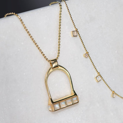 Urban Equestrian  Keepsake - Moonstone Equestrian Riding Stirrup Necklace in Gold